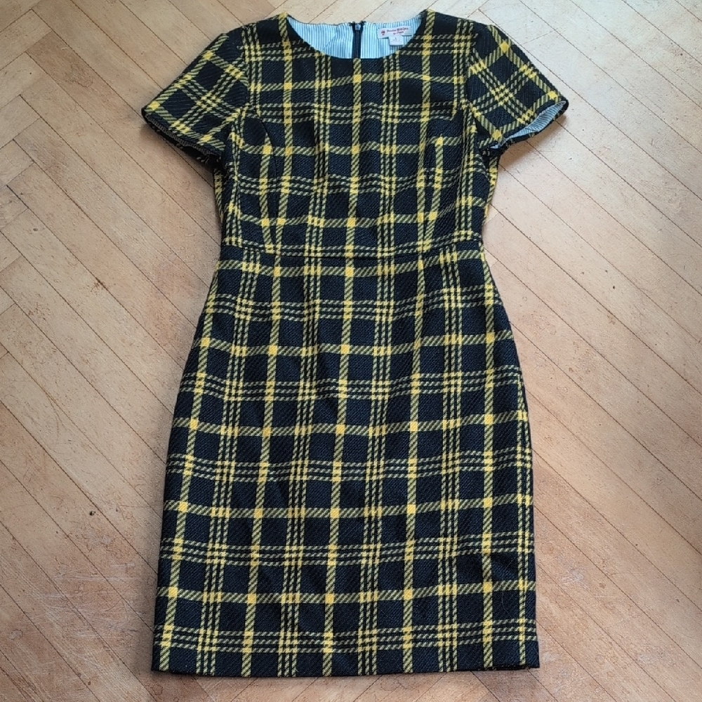Brooks Brothers Red Fleece Plaid Yellow and Navy Pencil Dress Size 2